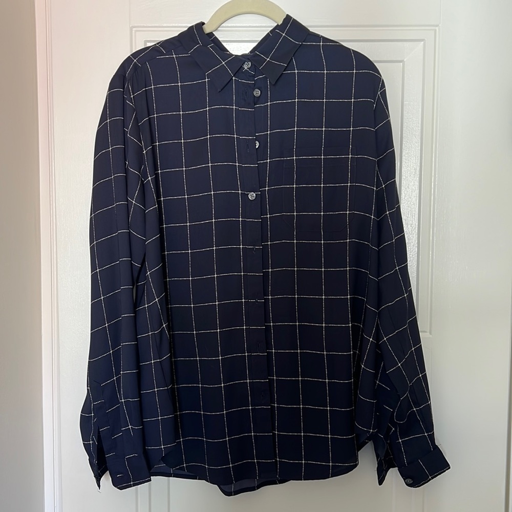 Ann Taylor Dark Blue long sleeved button down blouse with white grid pattern